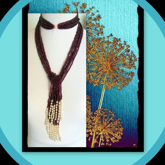 Pearls & Garnet 14K Gold Lariat Necklace – 48" Statement Strand, 1,050ctw - Picture 2 of 8